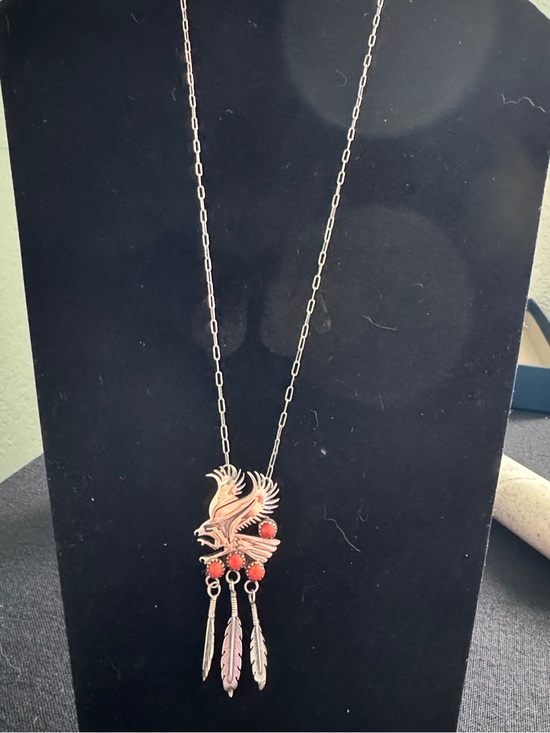 Native American Jewelry - Eagle/Thunderbird Sterling Silver Pendant Necklace with Coral